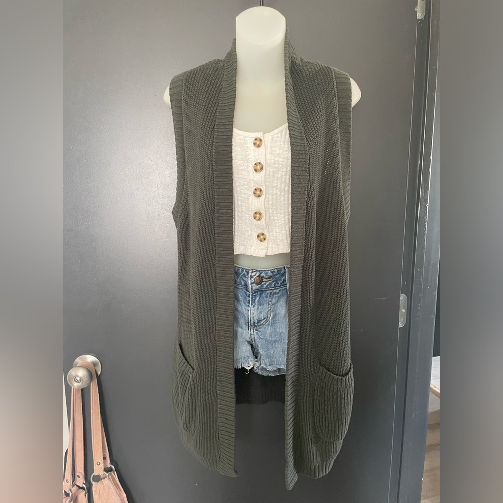 LOFT Dark Green Women's long line Cardigan Vest Medium